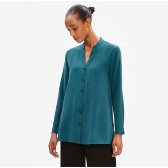 Eileen fisher silk crepe de chine stand collar blouse shirt size XXS - Picture 3 of 12